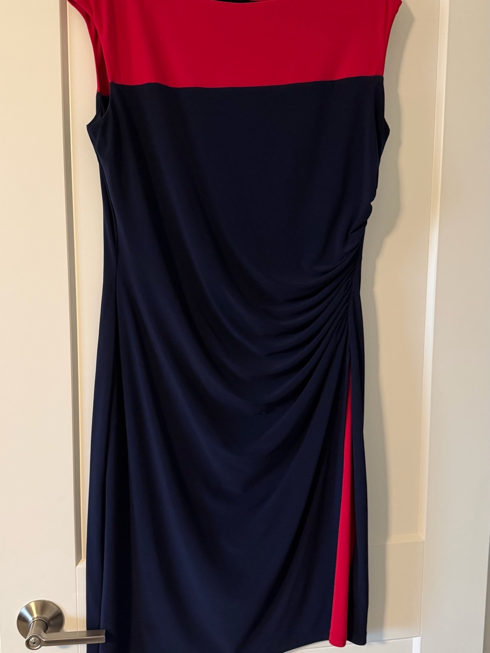 Chaps Navy and Red Colorblock Ruched Midi Dress